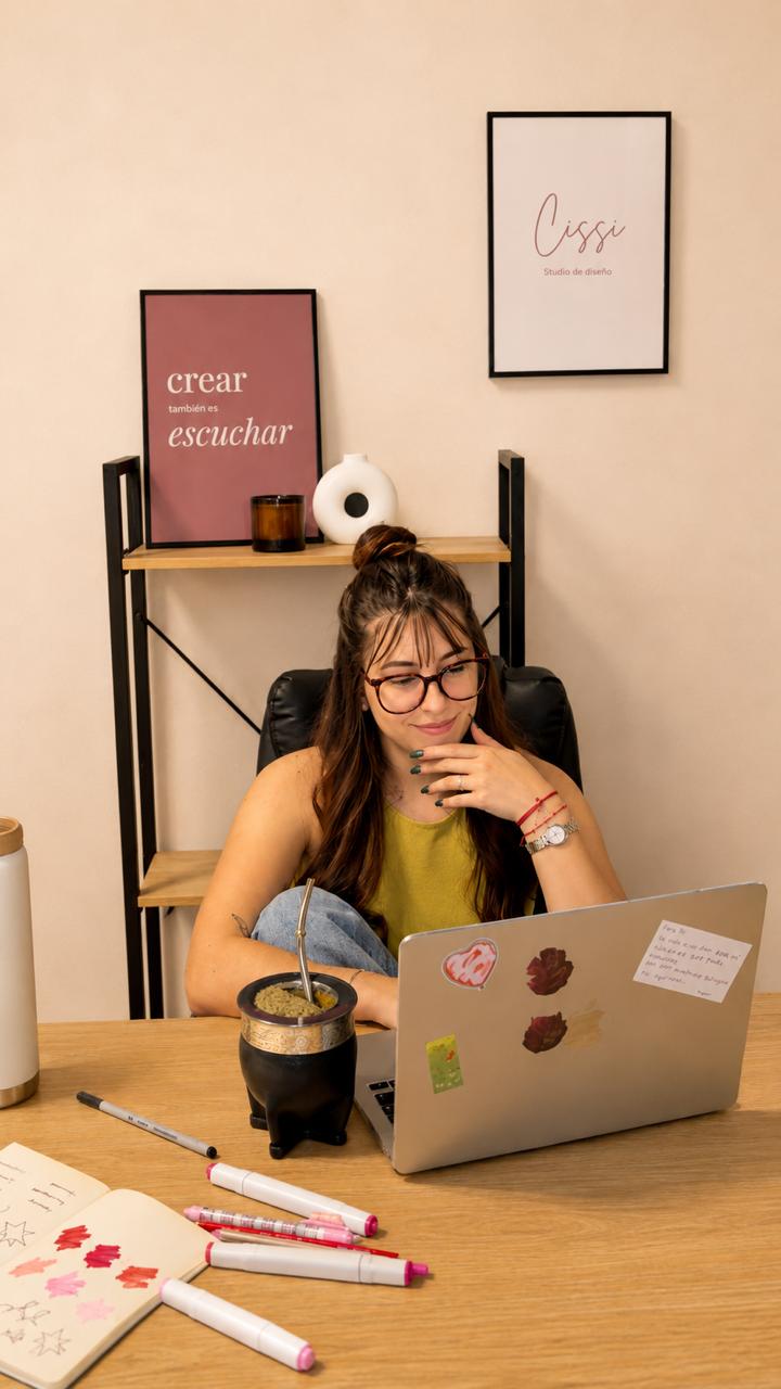 Micaela Lancissi trabajando en su escritorio del estudio Cissi